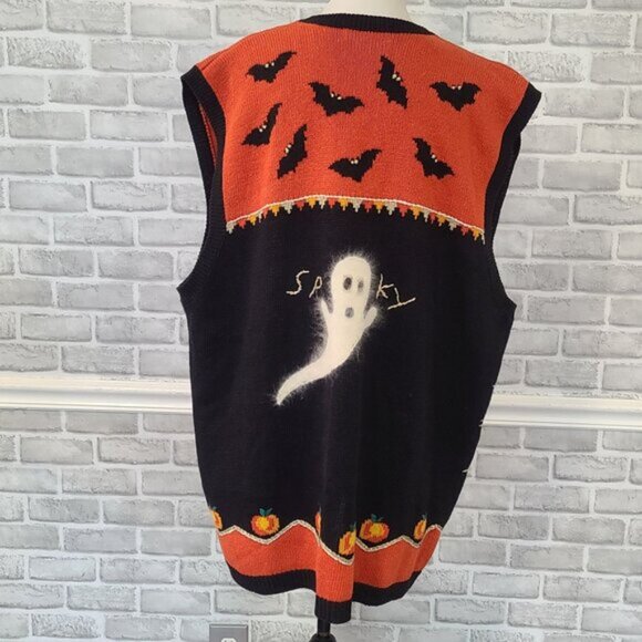 Vintage 90s Lauren Hansen Embroidered Halloween Vest Pumpkins Bats Ghost 3X - Picture 3 of 11